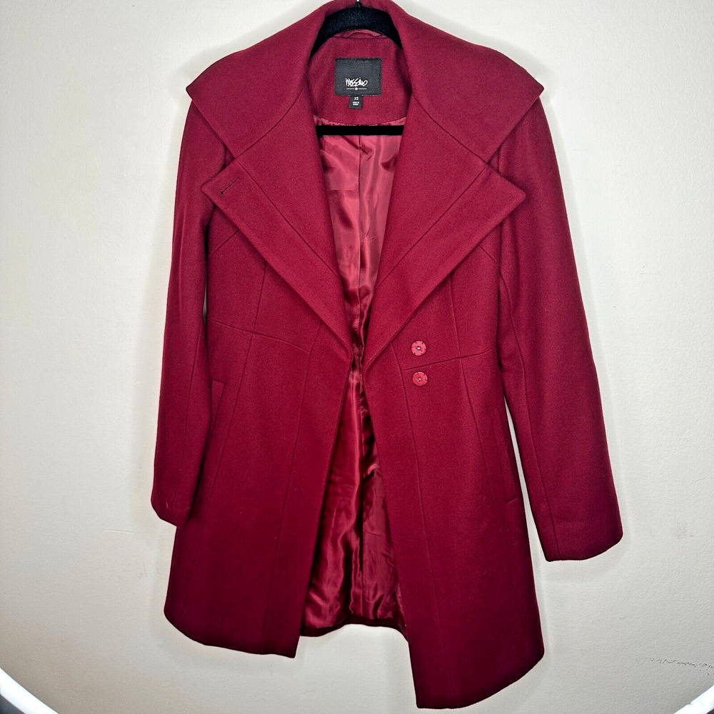 Mossimo Burgundy Red Wool Fitted Long Line Front two Button Coat Welt Pockets XS - Picture 3 of 13